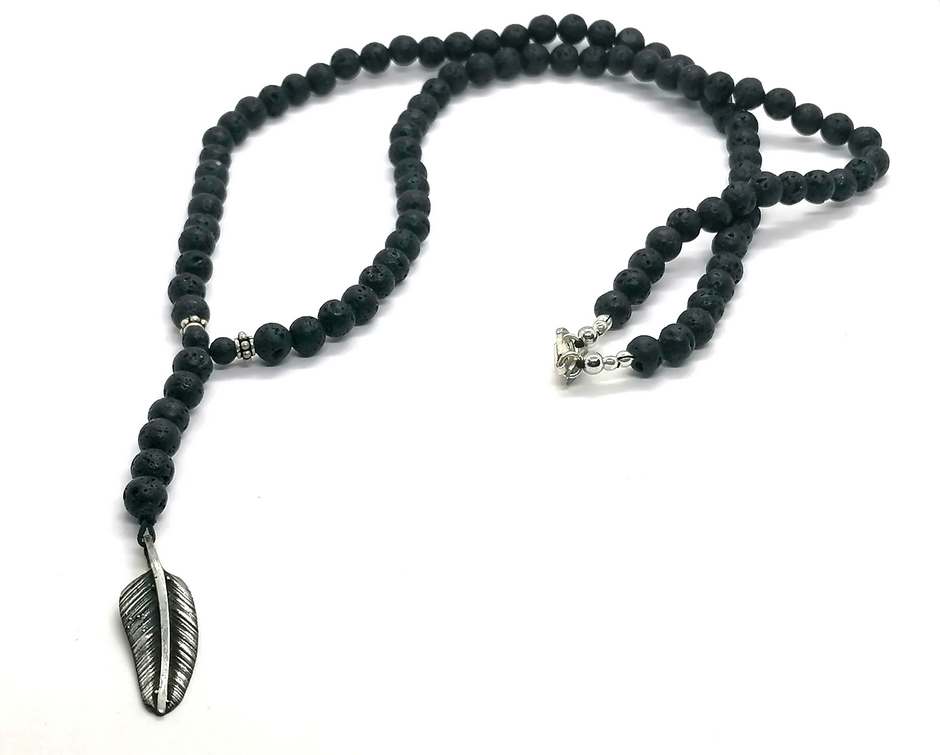 Lava Stone Beaded Necklace, Sterling Silver, 6mm | Castello Jewels