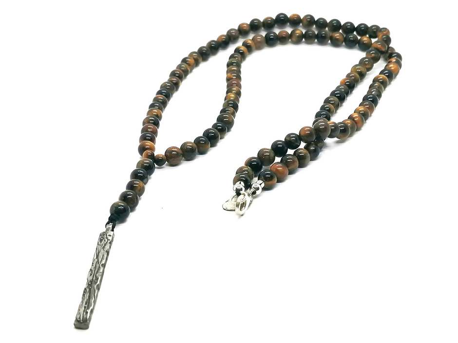 Tiger's Eye Rosary Necklace, Bar Pendant, Polished, 6mm | Castello Jewels