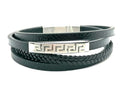 Greca style, Black Multilayer Leather Bracelet, Stainless Steel DoubleClasp | Castello Jewels