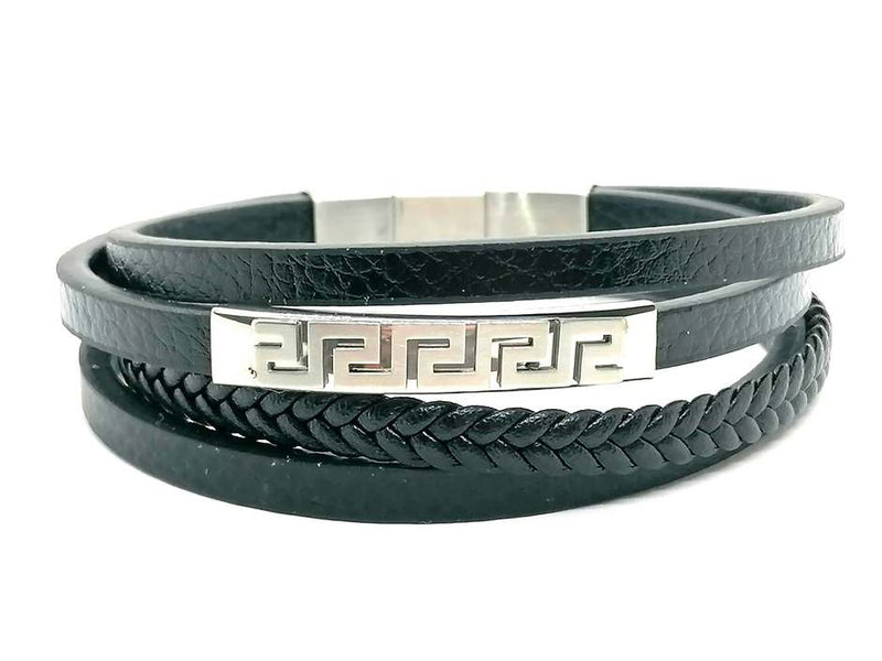 Greca style, Black Multilayer  Leather Bracelet, Stainless Steel DoubleClasp