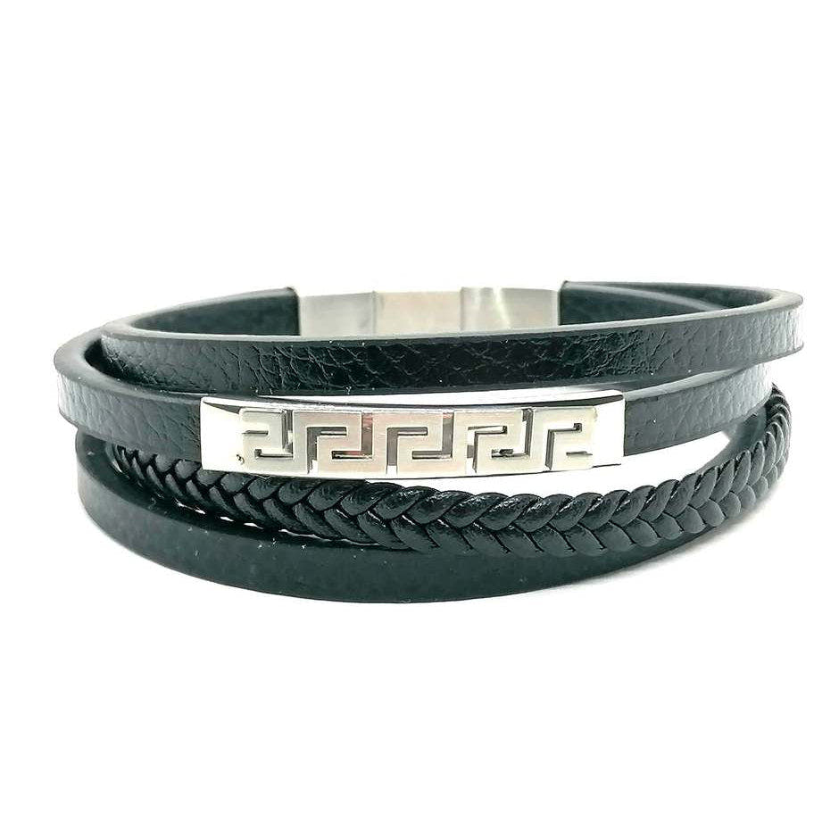 Black Multi-Strand Leather Men's Bracelet, Greca Style | Castello Jewels