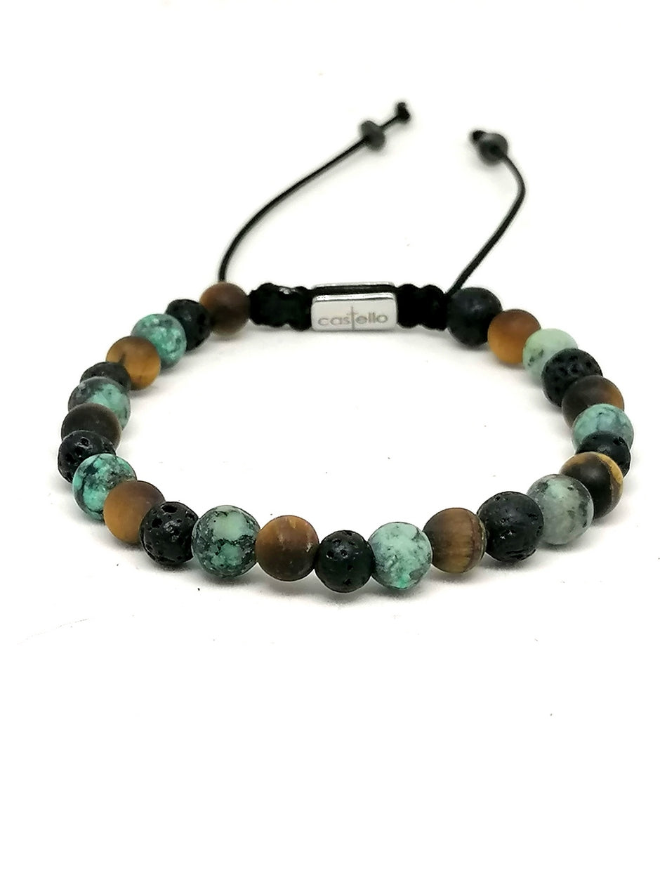 Hand Made Bracelet Tiger Eye Mat, Africa Turquoise, Lava stone 6mm — view 2 | Castello Jewels