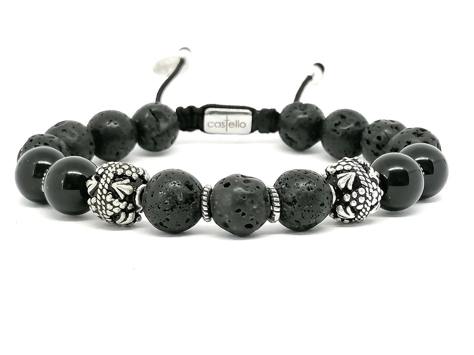Hand Made Silver Bracelet MyKing Lava, Onyx Polish stone 10mm | Castello Jewels