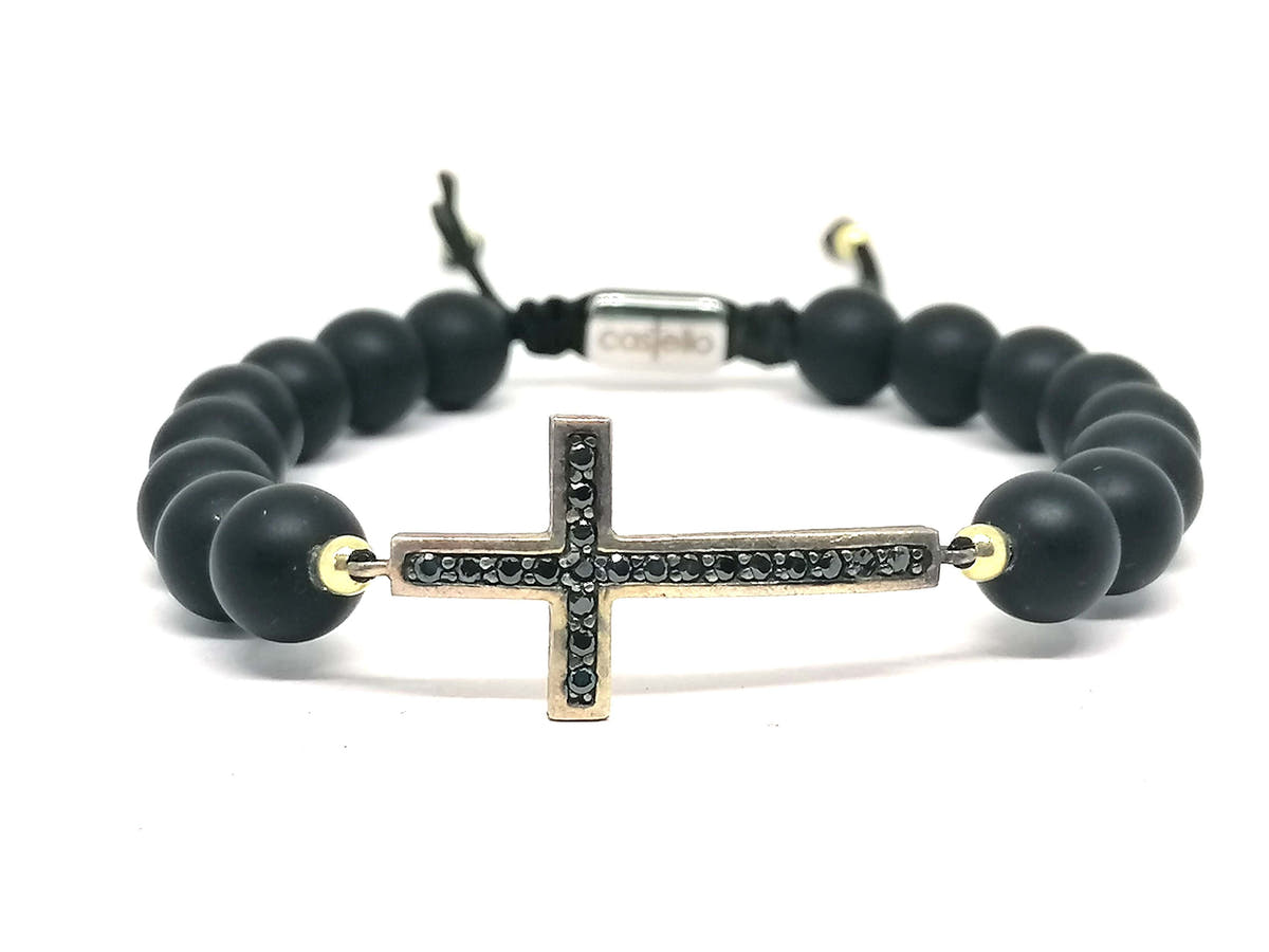 Matte Onyx Cross Bracelet, Gold-Plated, 8mm | Castello Jewels