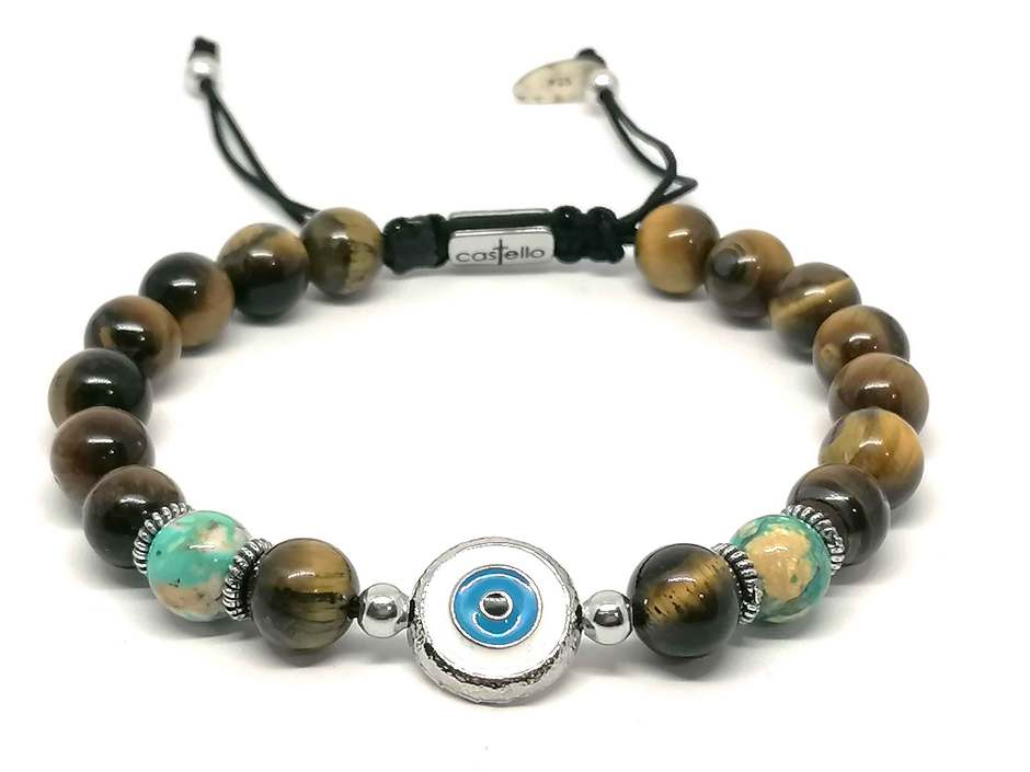 Tiger's Eye Beaded Bracelet, Evil Eye Enamel, 8mm | Castello Jewels