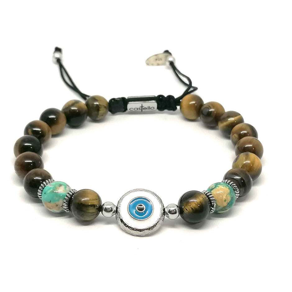 Tiger's Eye Beaded Bracelet, Evil Eye Enamel, 8mm | Castello Jewels