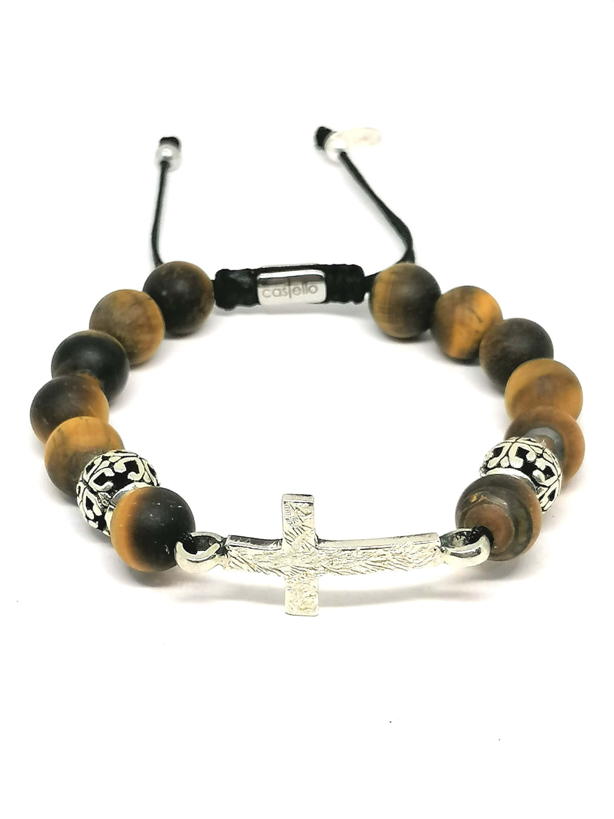 Matte Tiger's Eye Cross Beaded Bracelet, 10mm, view 2 | Castello Jewels