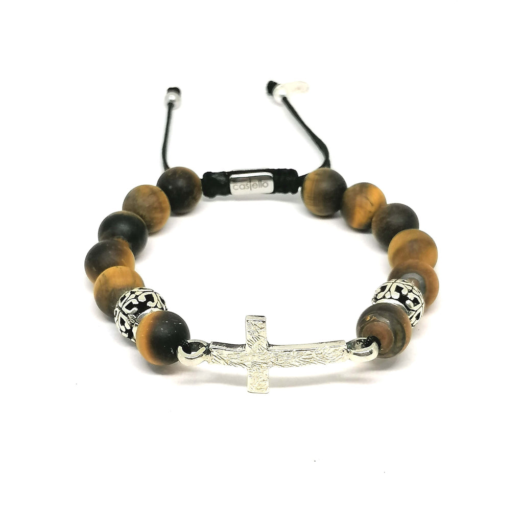 Matte Tiger's Eye Cross Beaded Bracelet, 10mm, view 2 | Castello Jewels