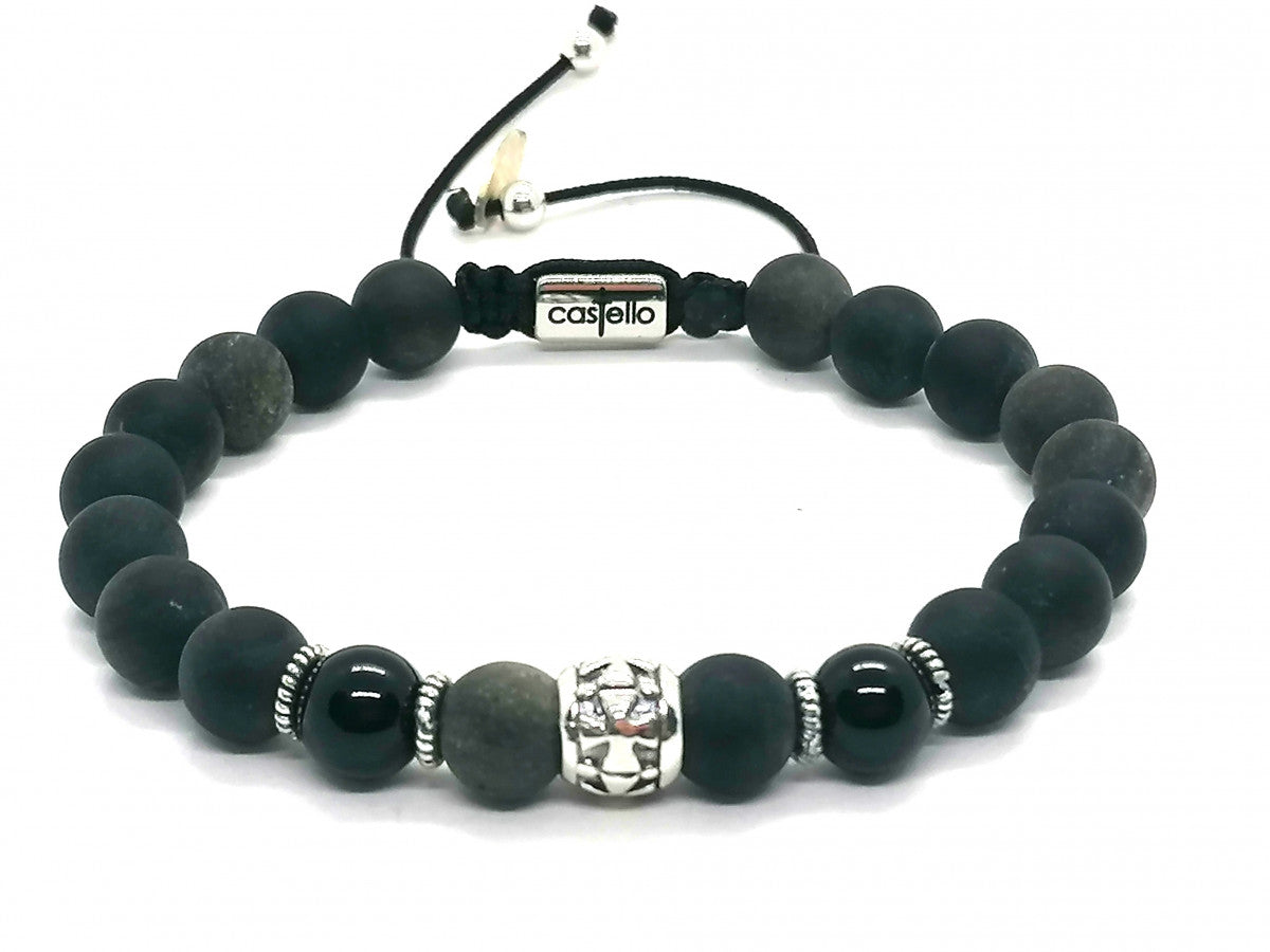 Hand Made Silver Bracelet Knights, Obsidian, Onyx Polish stone 8mm | Castello Jewels