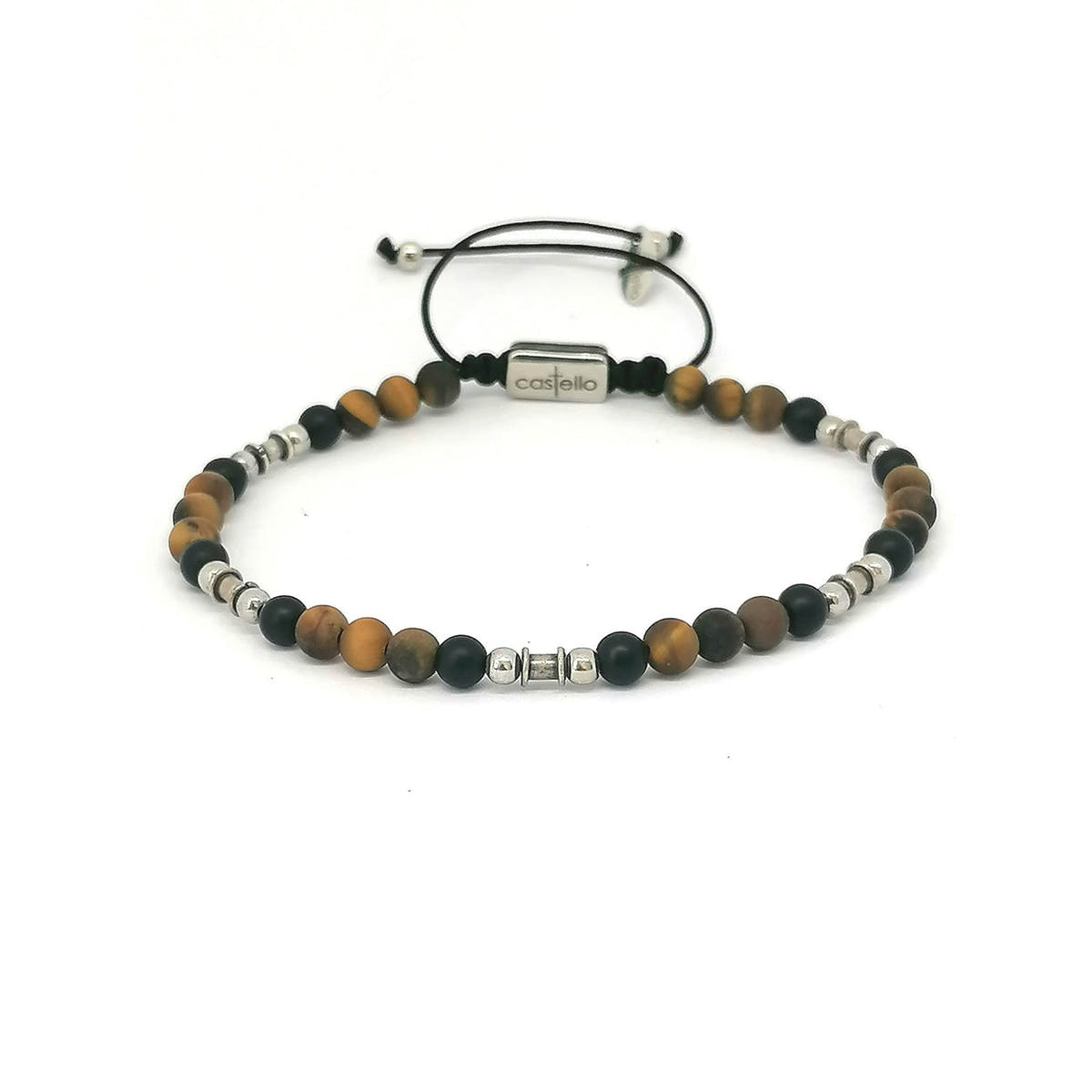 Silver bracelet Earth, Onyx, Tiger Eye stone 4mm — view 2 | Castello Jewels