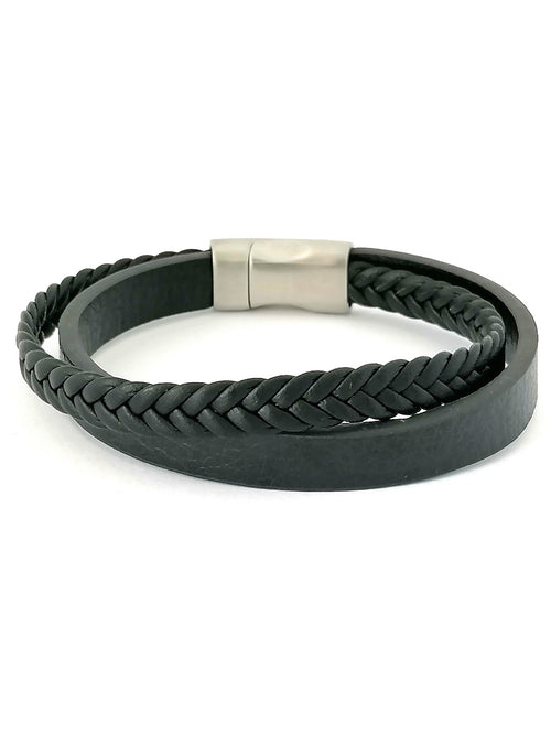 Black Multilayer Braided Leather Bracelet, Stainless Steel Clasp — view 2 | Castello Jewels