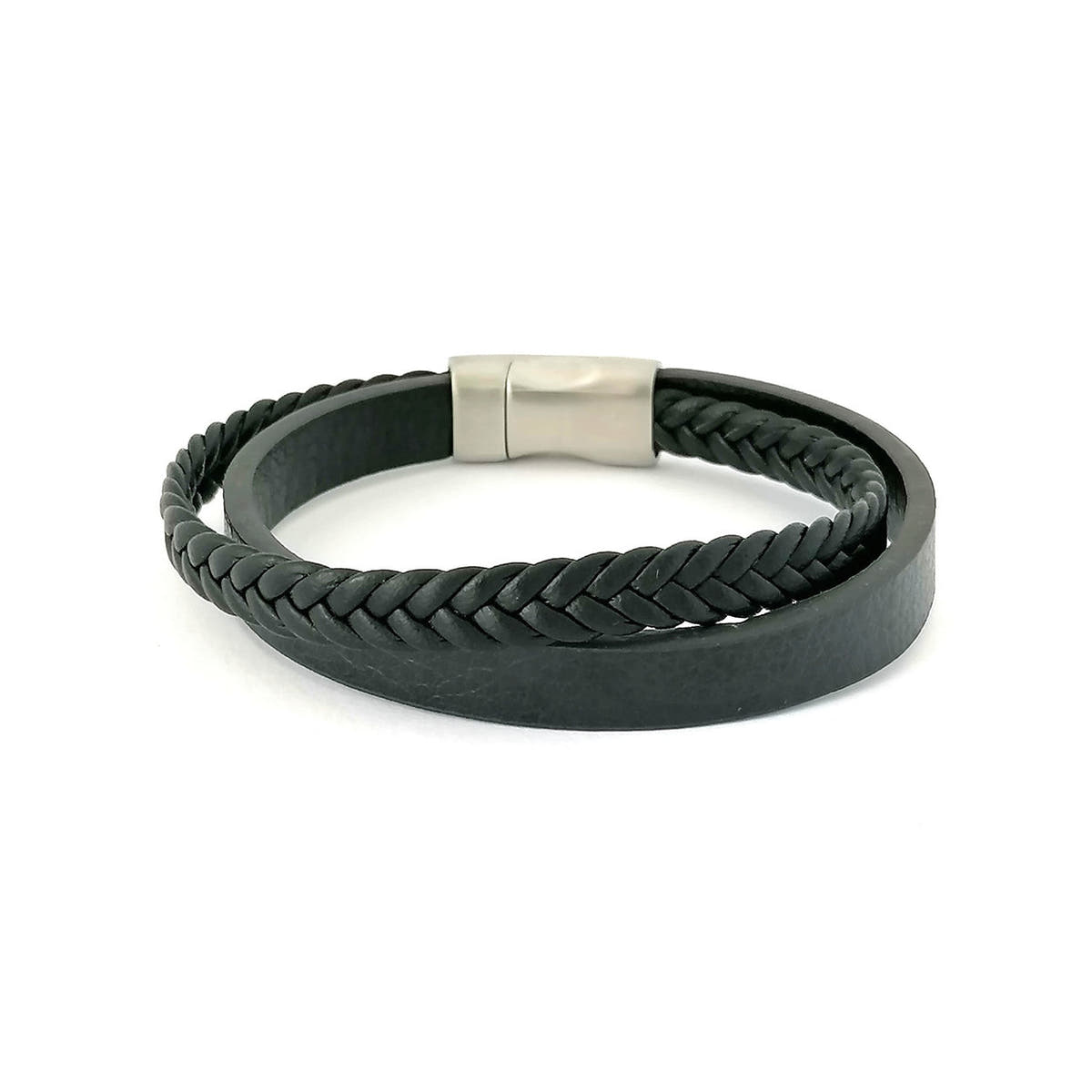 Black Multilayer Braided Leather Bracelet, Stainless Steel Clasp — view 2 | Castello Jewels