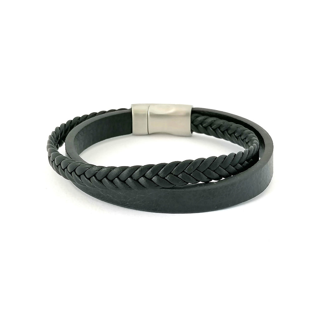 Black Multilayer Braided Leather Bracelet, Stainless Steel Clasp — view 2 | Castello Jewels