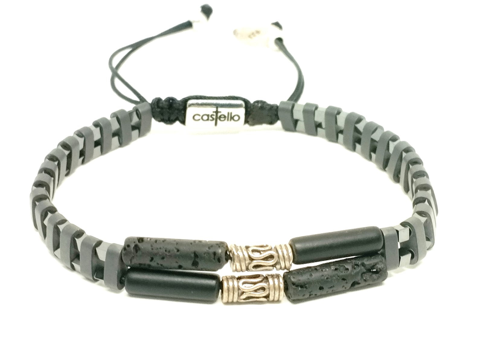Hand Made Bracelet Silver 925' Ancient Hematite, Onyx Lava, tube stone 4mm | Castello Jewels