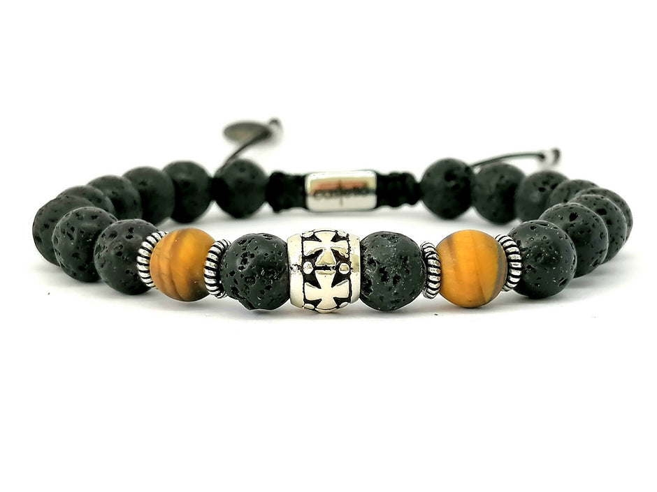 Hand Made Silver Bracelet Knights, Lava, Tiger Eye Mat stone 8mm | Castello Jewels