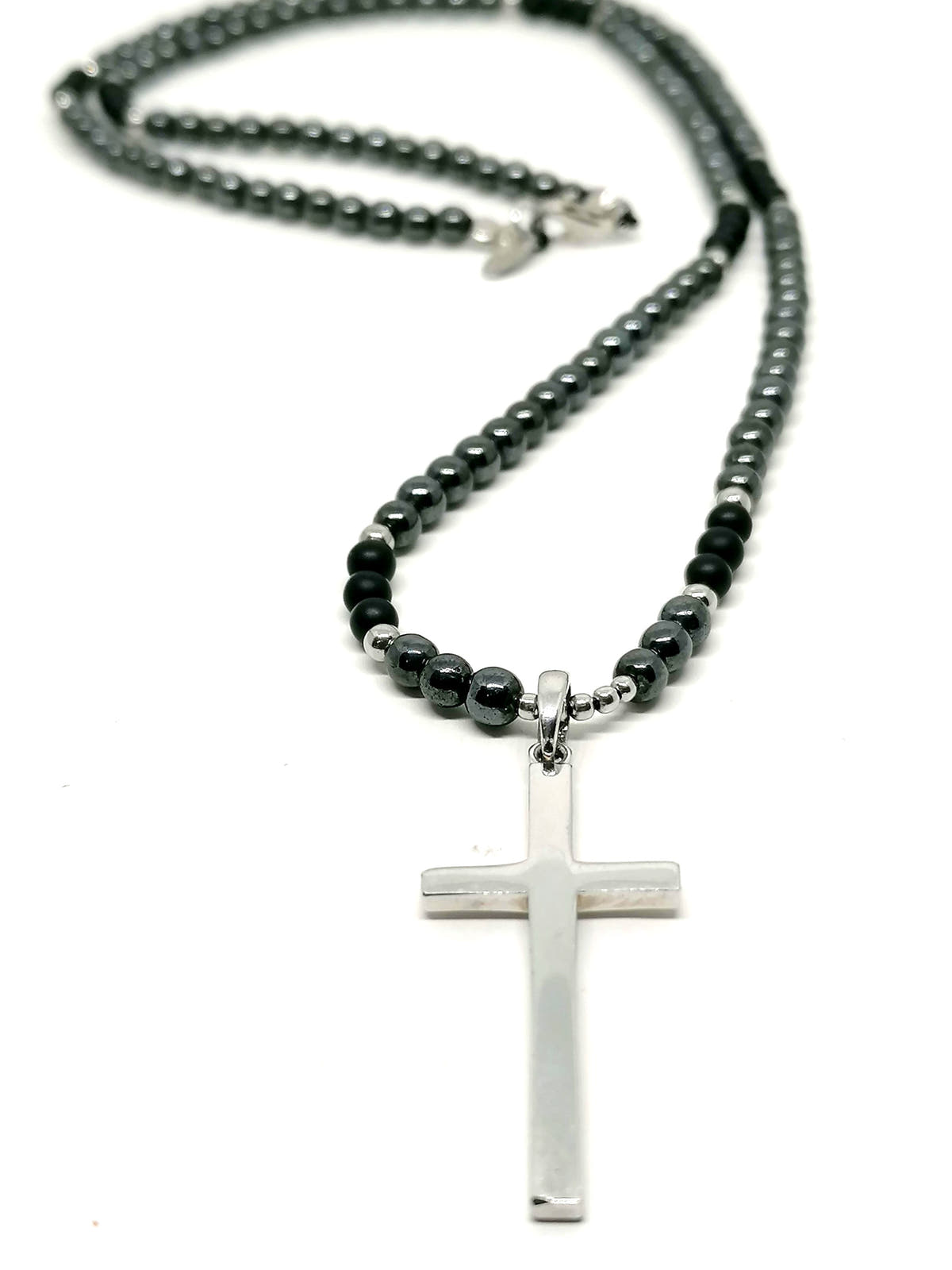 Hematite & Onyx Cross Necklace, Men's, 4mm, view 3 | Castello Jewels