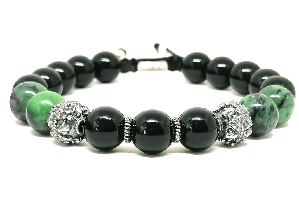 Hand Made Silver Bracelet MyKing Onyx Polish, Rubyzoisite stone 10mm | Castello Jewels