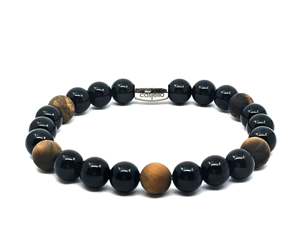Gemstone Bracelet, Onyx Polish, Tiger eye Mat stone 8mm — view 2 | Castello Jewels