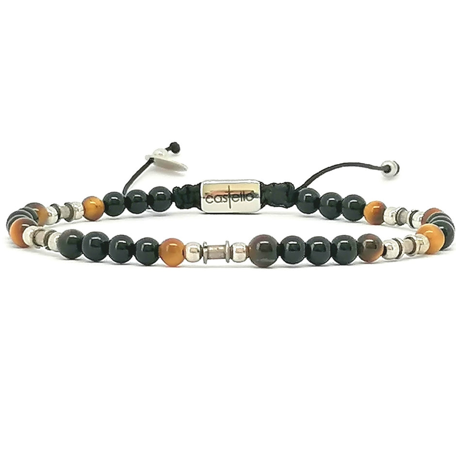Polished Onyx & Tiger's Eye Bracelet, Sterling Silver, 4mm | Castello Jewels