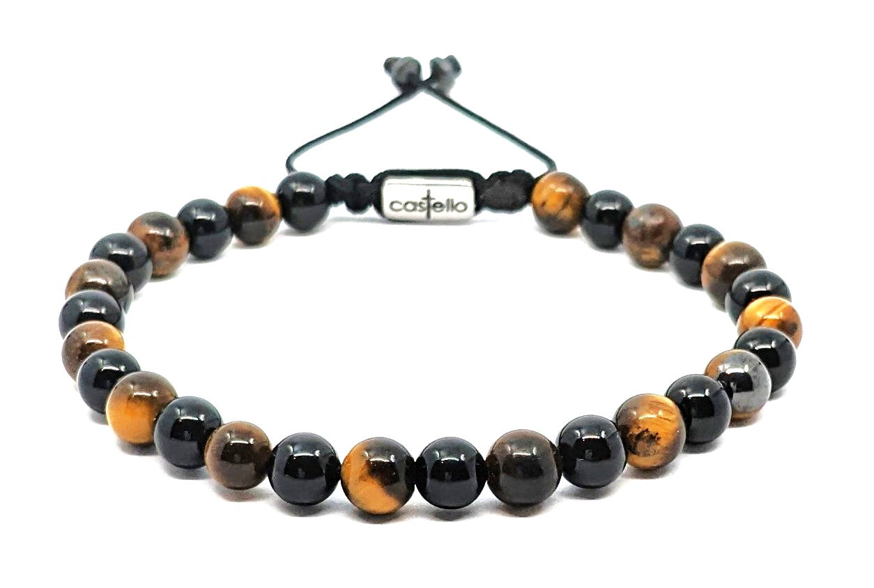 Hand Made Bracelet Tiger Eye Polich, Onyx Polish stone 6mm | Castello Jewels