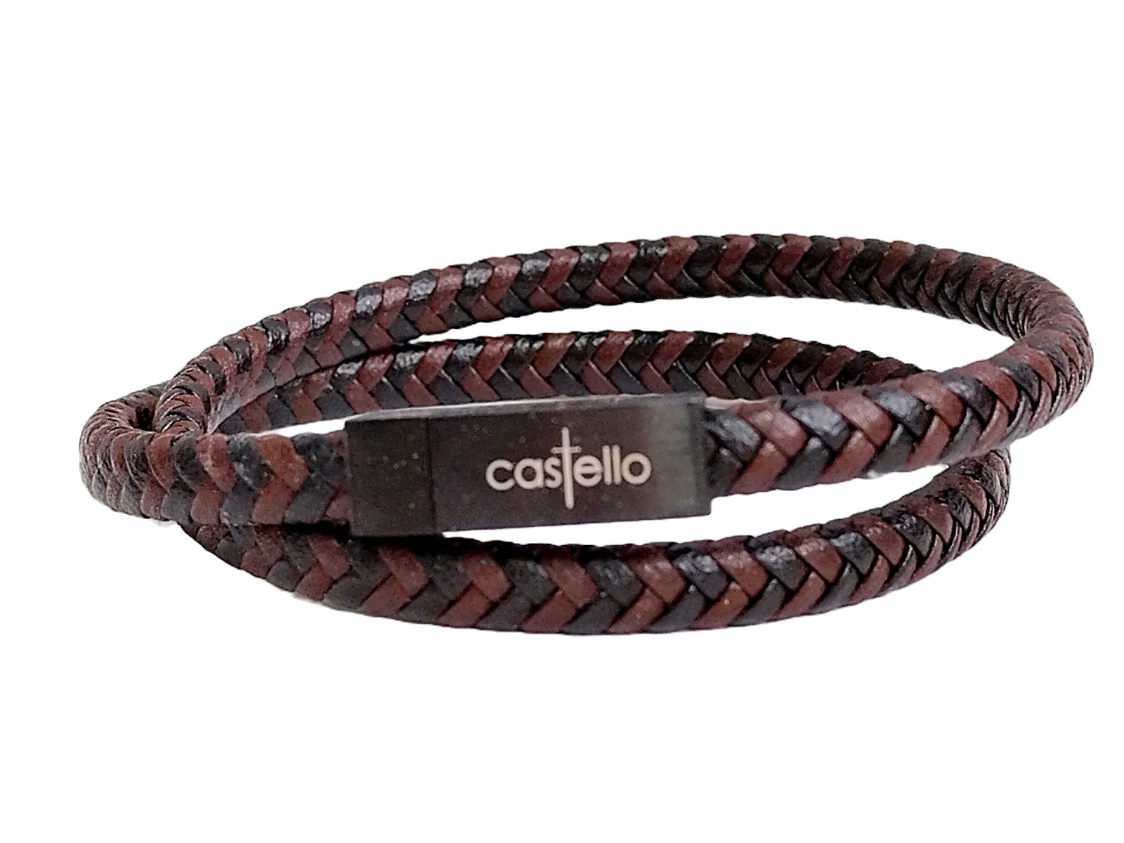 Brown-Black Multilayer Braided Leather Bracelet, Stainless Steel Clasp | Castello Jewels
