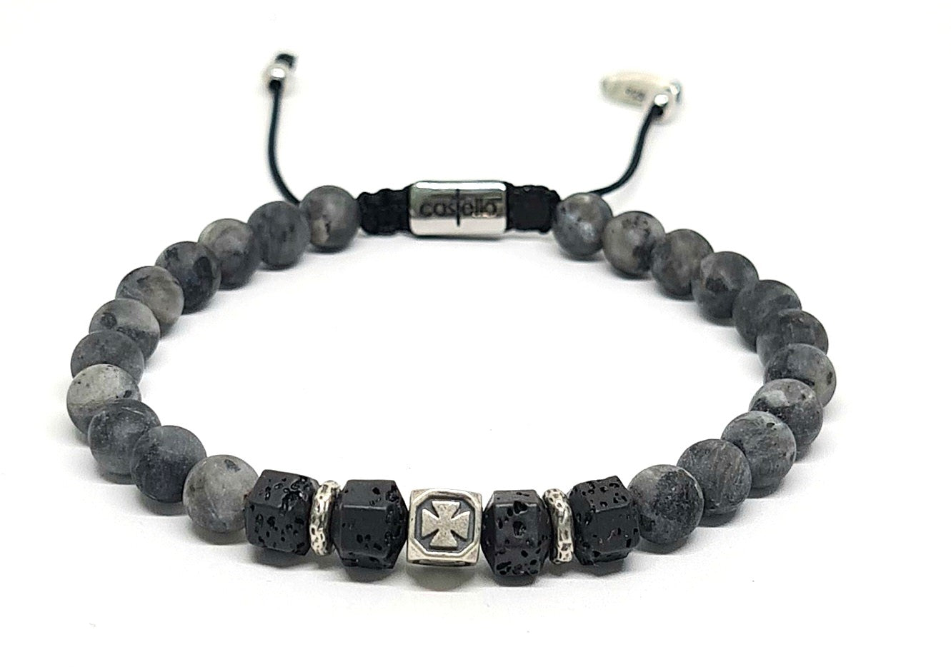 Hand Made Silver Bracelet Knights, Lambradorite, Lava square stone 6mm | Castello Jewels
