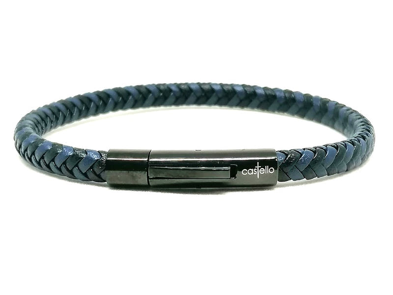 Blue-Black Braided Leather Men's Bracelet, 6mm