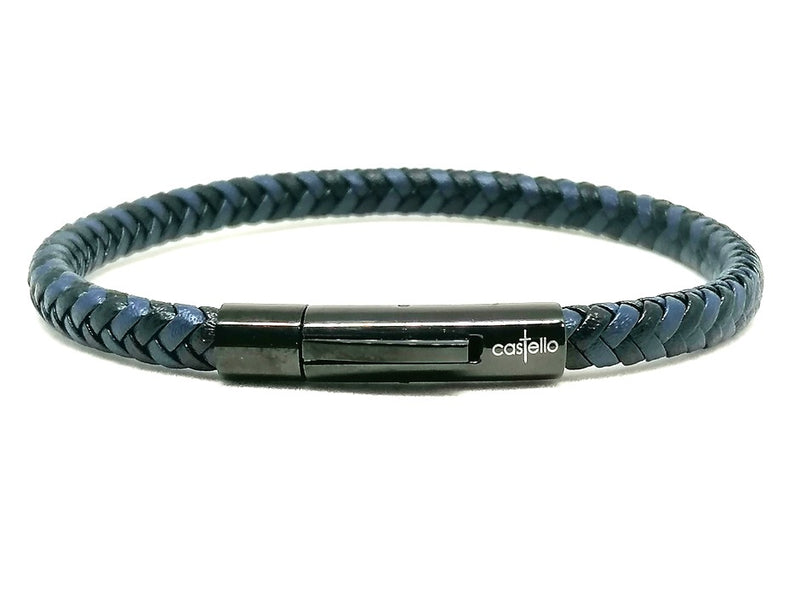 Blue-Black Braided Leather Bracelet, Stainless Steel Clasp