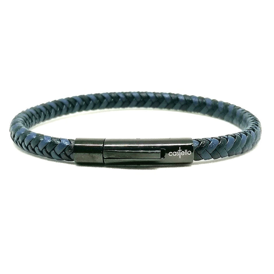 Blue-Black Braided Leather Men's Bracelet, 6mm | Castello Jewels