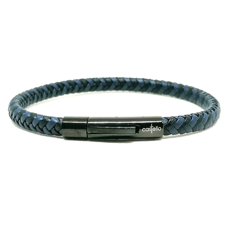 Blue-Black Braided Leather Men's Bracelet, 6mm | Castello Jewels