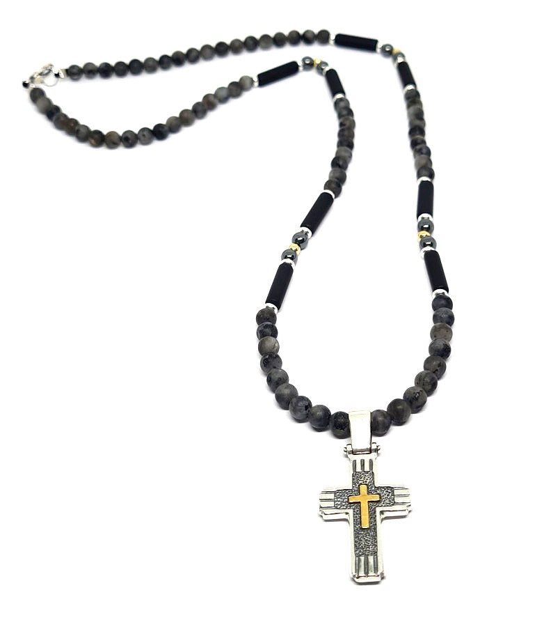 Hand Made SILVER 925 Cross With Lambradorite and Onyx 4mm | Castello Jewels