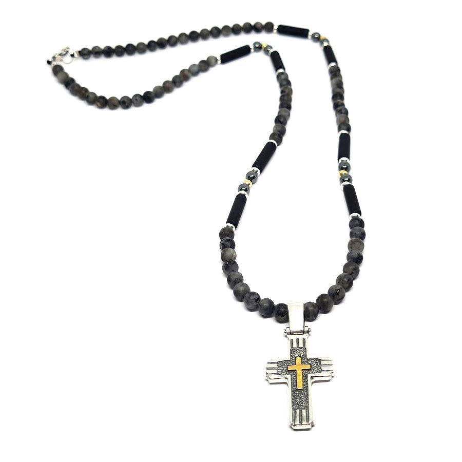 Labradorite & Onyx Cross Necklace, 4mm | Castello Jewels