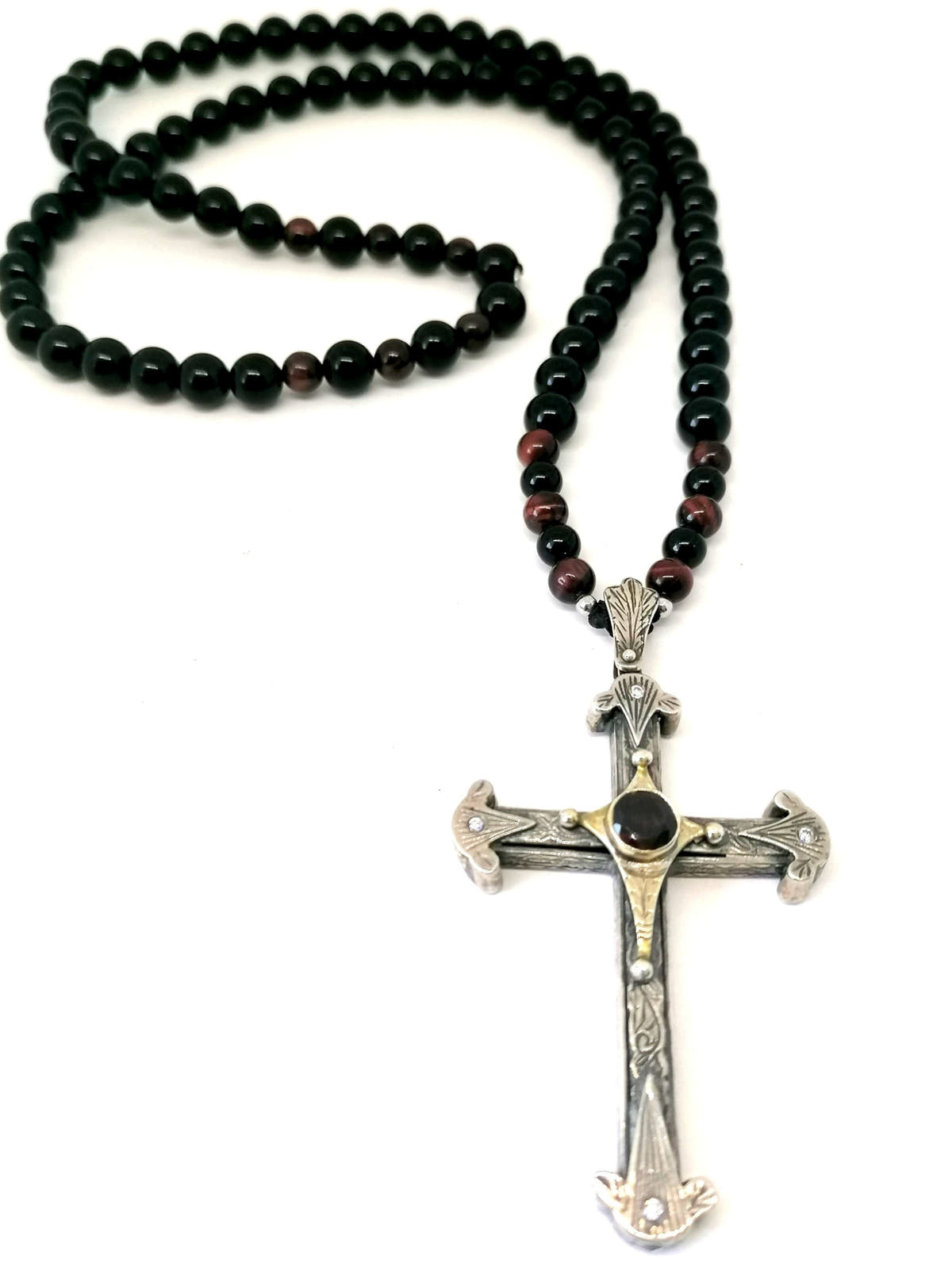 Onyx & Tiger's Eye Byzantine Cross Necklace, Men's, 8mm | Castello Jewels