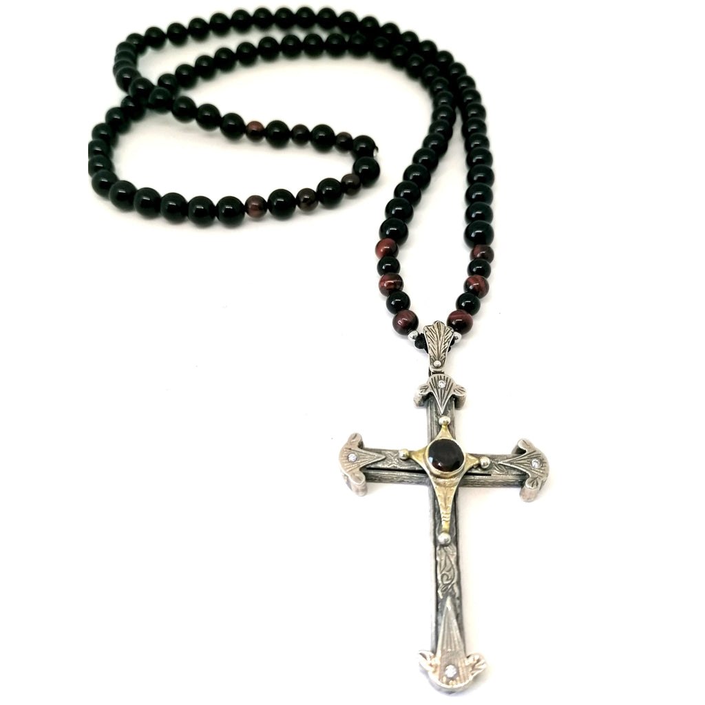 Onyx & Tiger's Eye Byzantine Cross Necklace, Men's, 8mm | Castello Jewels