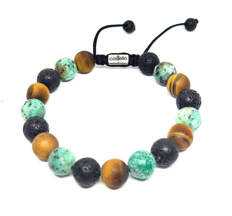 African Turquoise, Lava & Tiger's Eye Gemstone Bracelet · 10mm