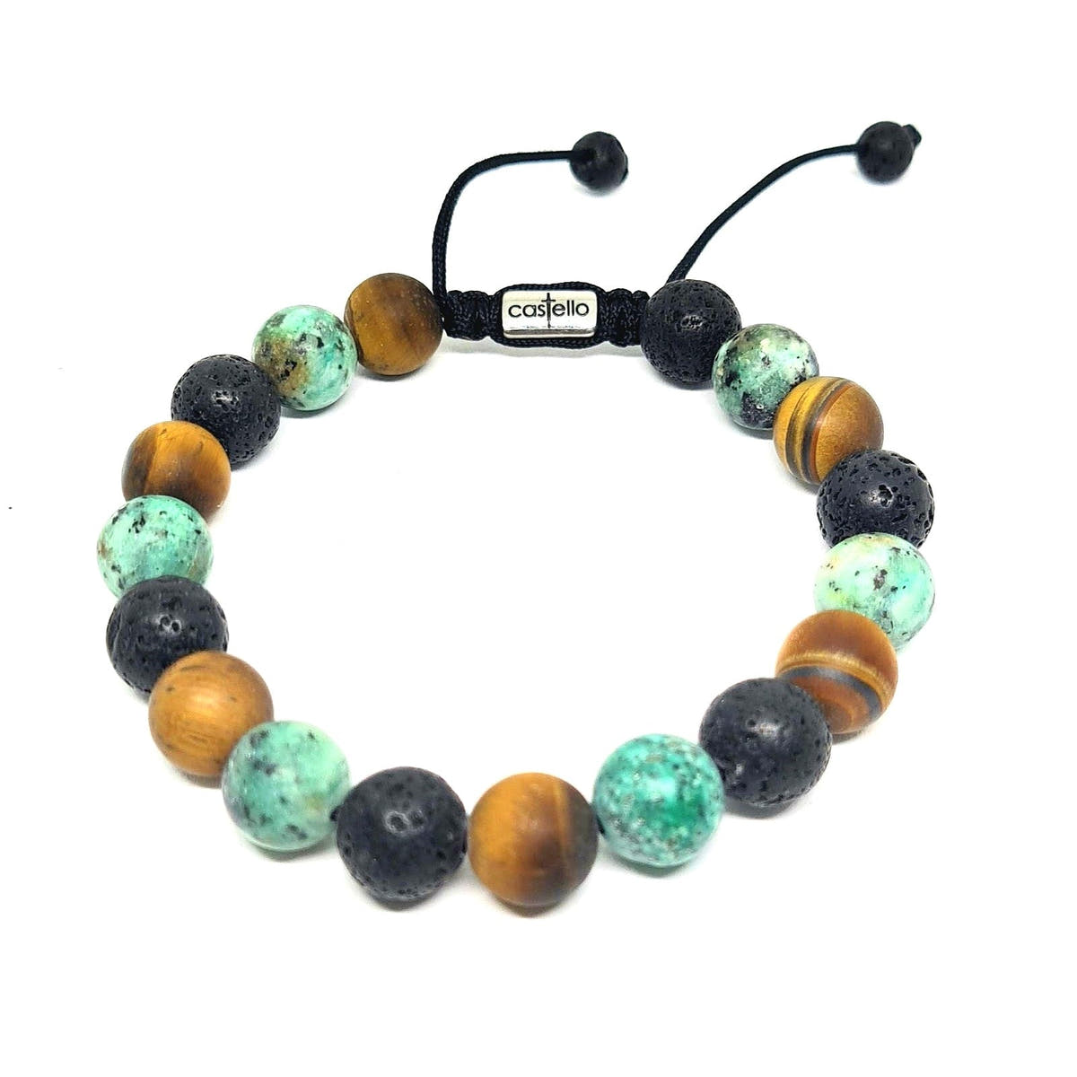 African Turquoise, Lava & Tiger's Eye Gemstone Bracelet, 10mm | Castello Jewels