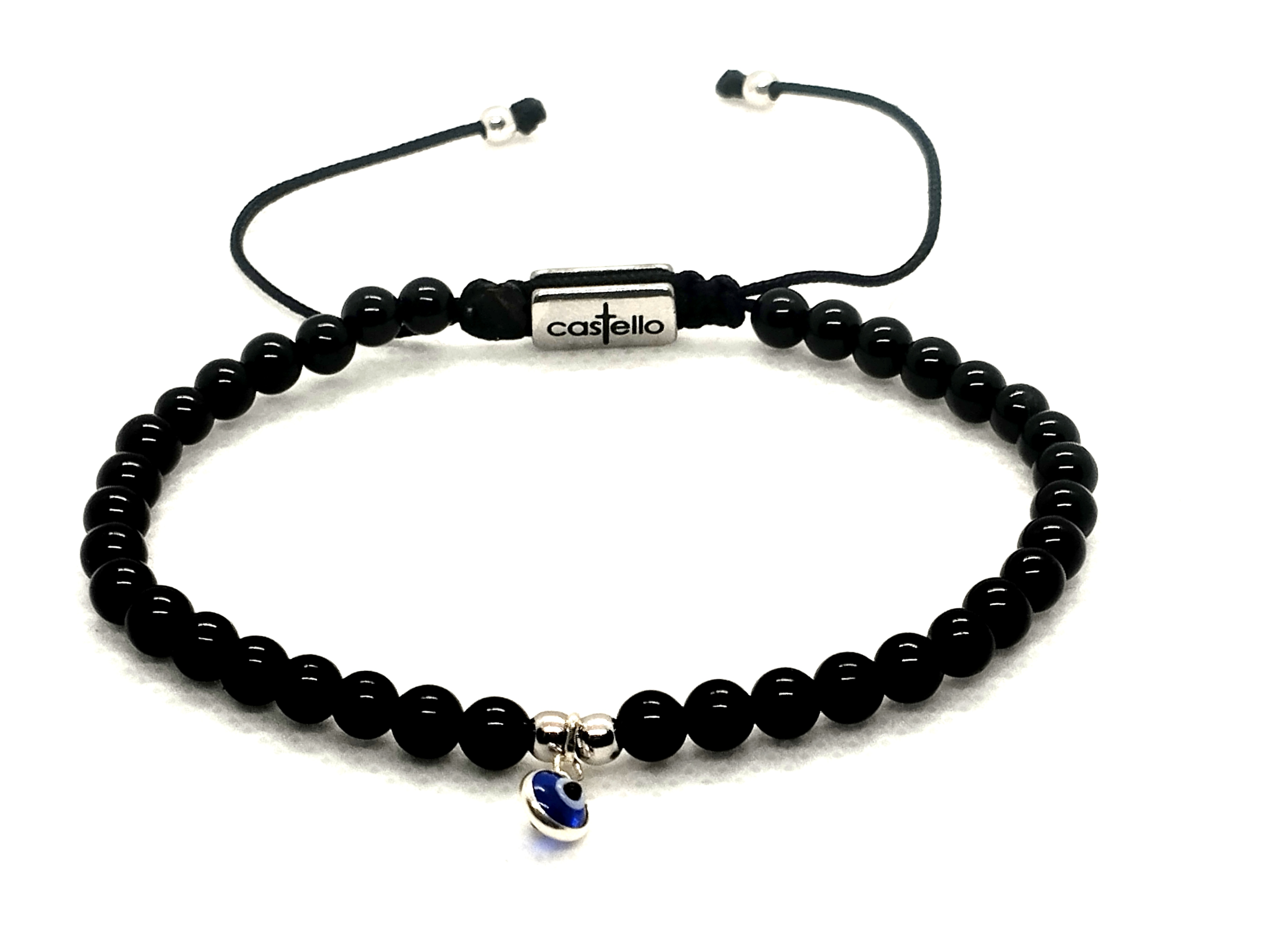 Hand Made Bracelet Evil Eye 925, Onyx polish stone 4mm | Castello Jewels