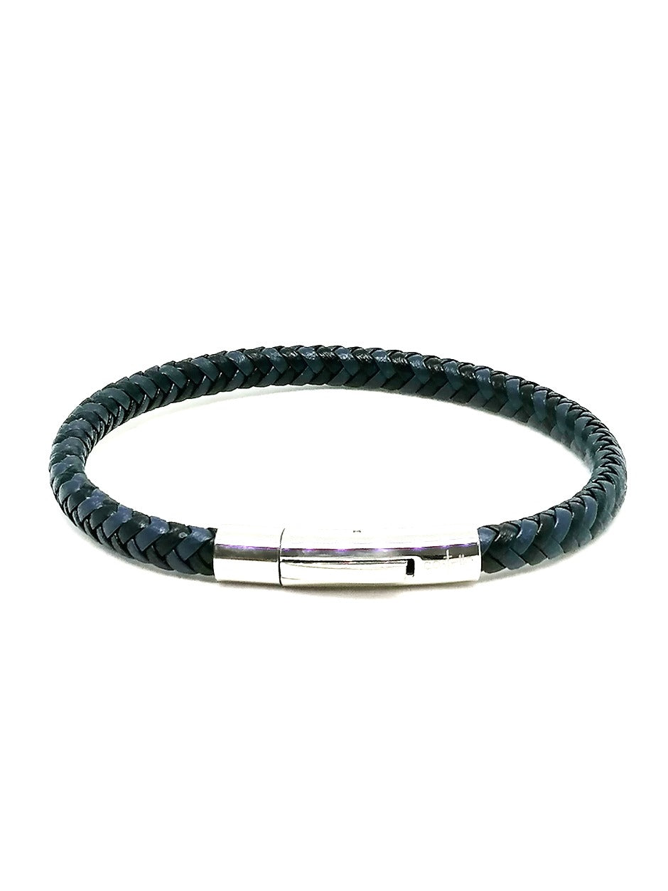 Blue-Black Braided Leather Bracelet, Stainless Steel Clasp — view 2 | Castello Jewels