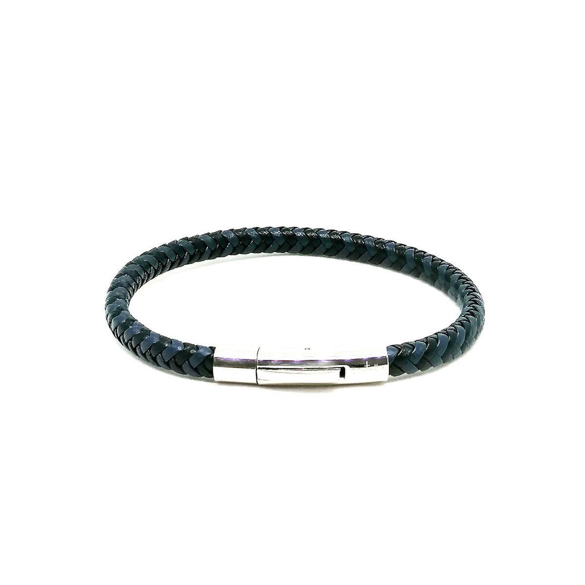Blue-Black Braided Leather Bracelet, Stainless Steel Clasp — view 2 | Castello Jewels
