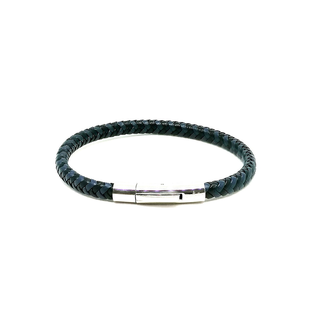 Blue-Black Braided Leather Bracelet, Stainless Steel Clasp — view 2 | Castello Jewels