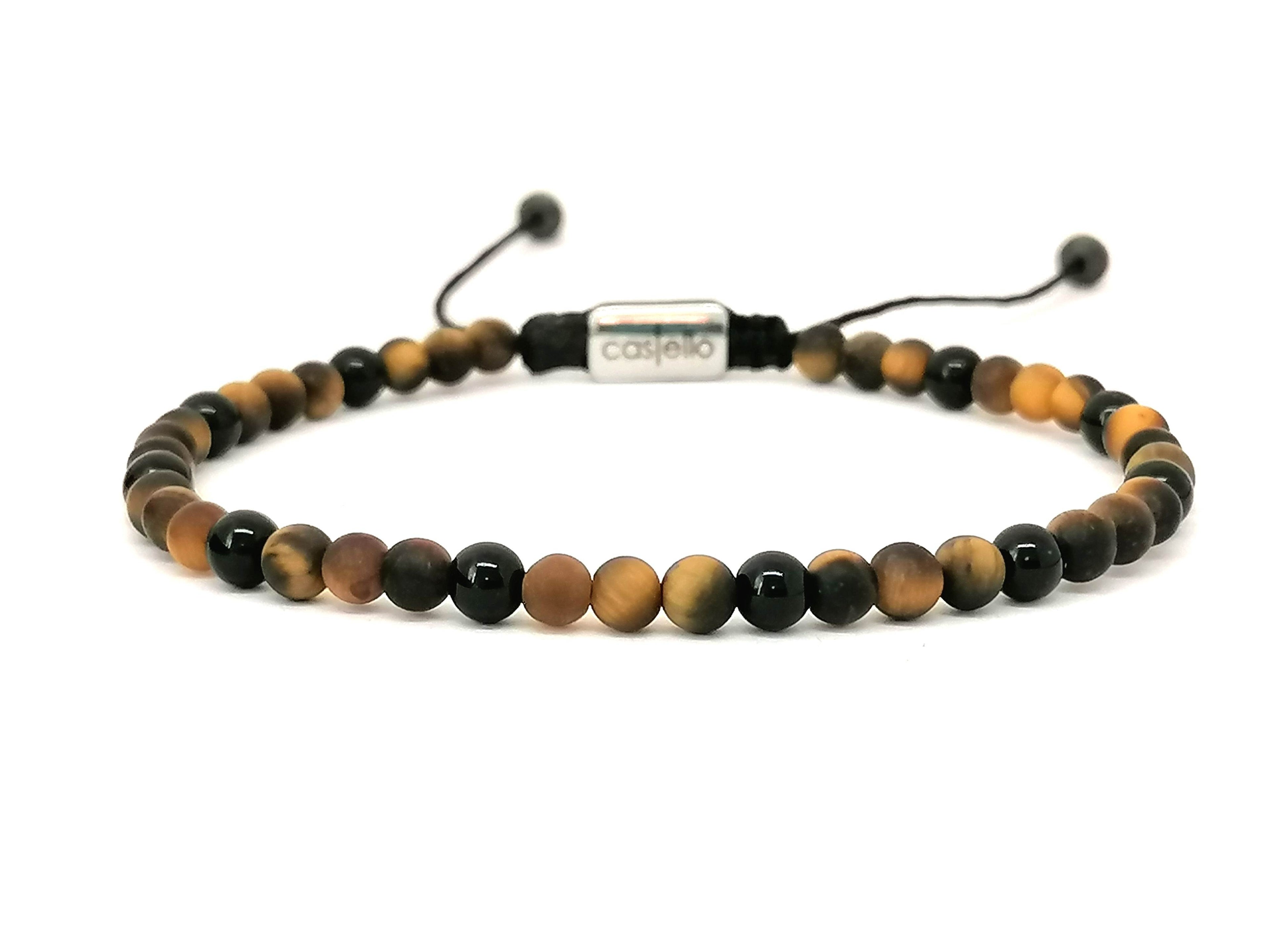Hand Made Bracelet Tiger's Eye Mat, Onyx Polish stones of 4mm. | Castello Jewels