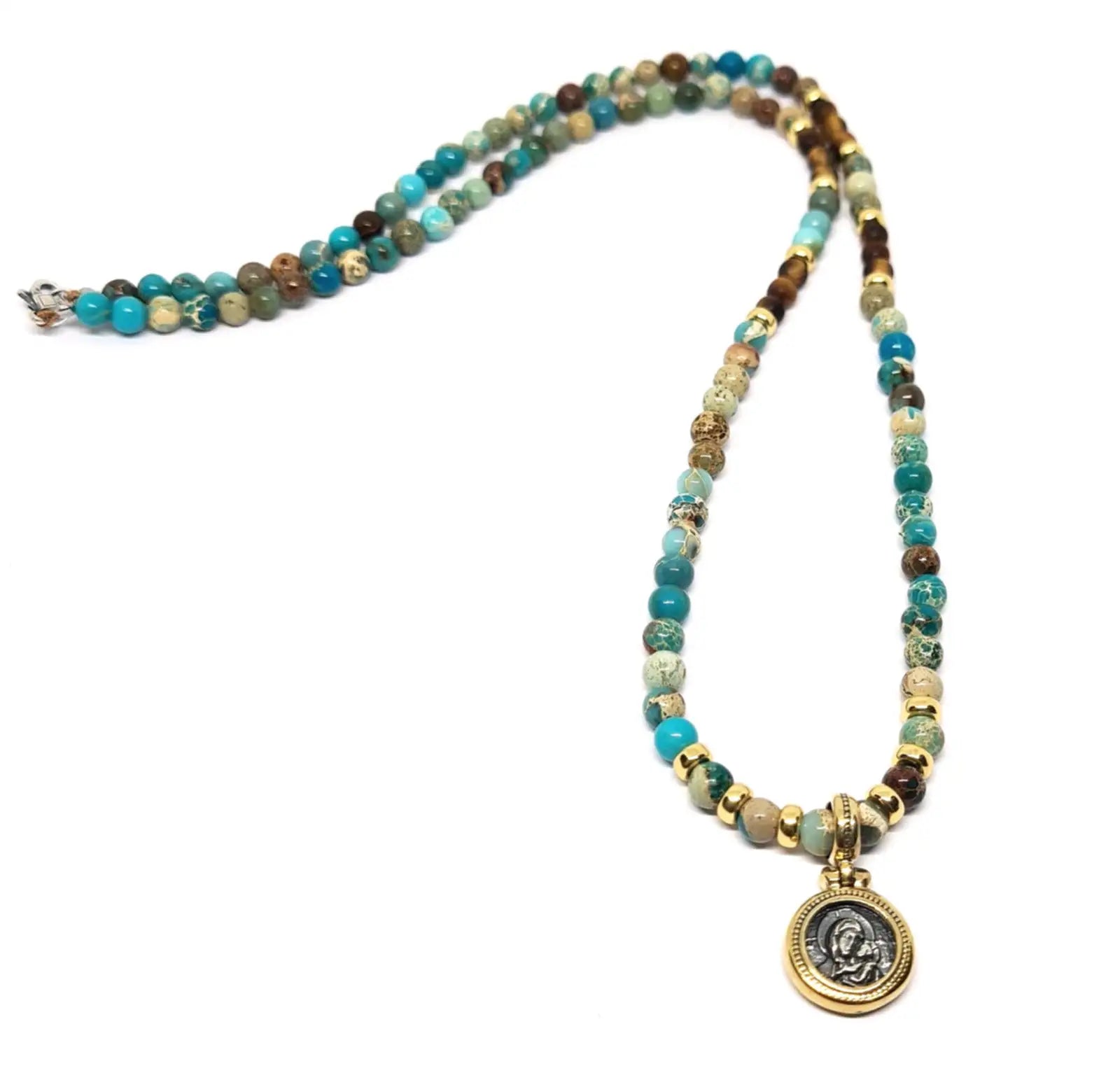 Hand Made Necklace Silver 925 Gold Plated Jasper Turquoise, stone 4mm | Castello Jewels