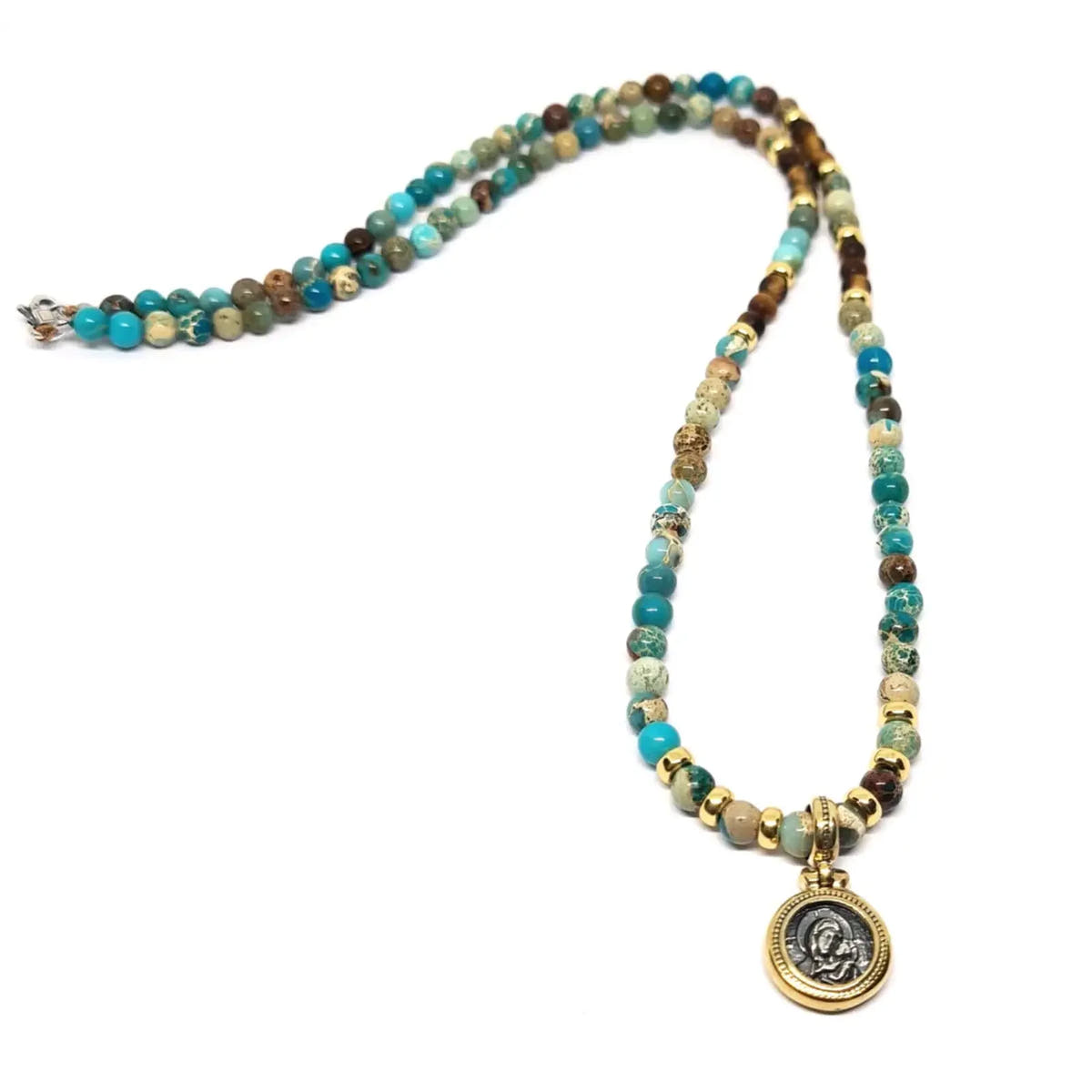 Jasper Turquoise & Tiger's Eye Rosary Necklace, Virgin Mary Pendant, 4mm | Castello Jewels