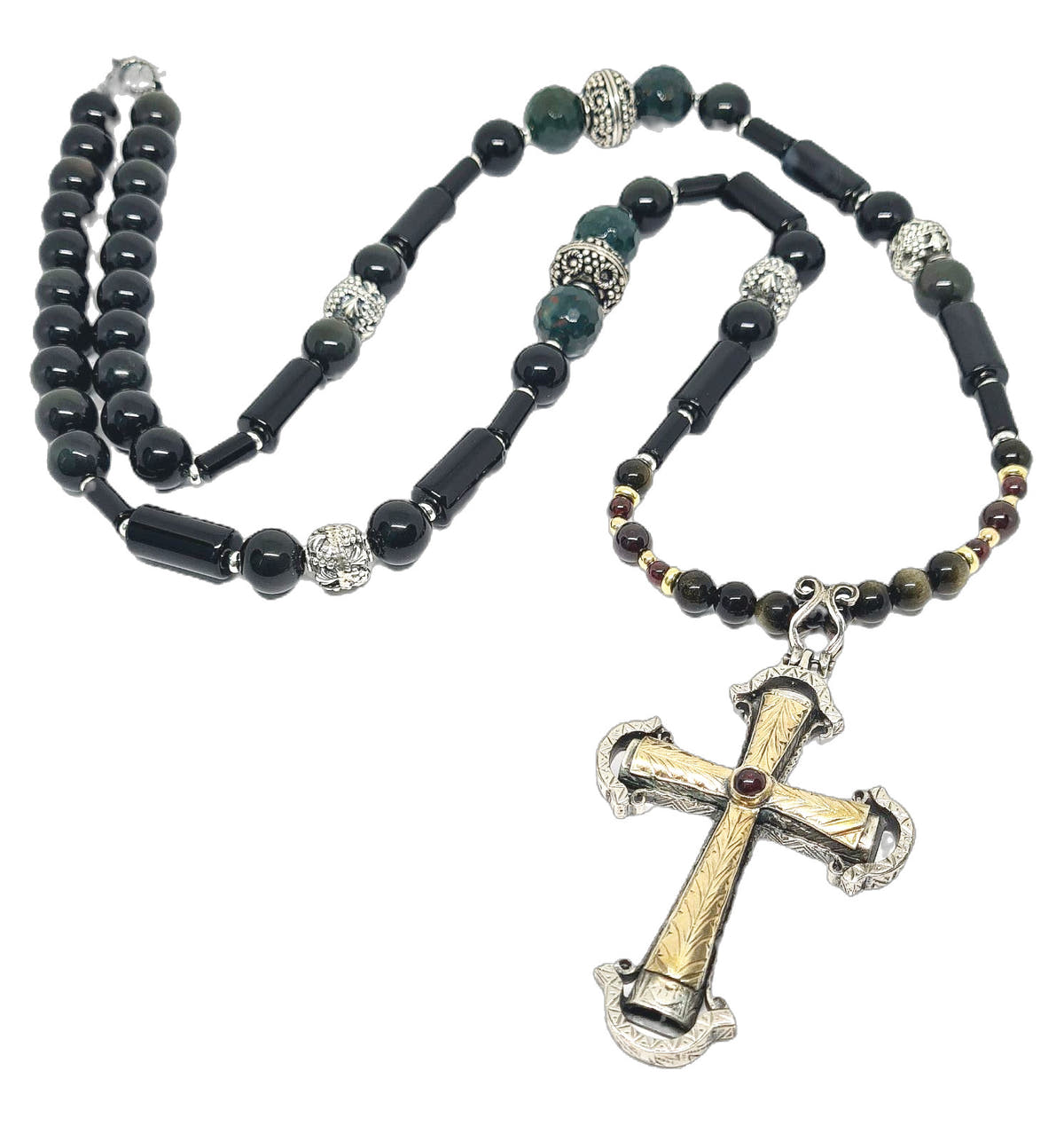 Obsidian & Onyx Long Cross Necklace, 10mm | Castello Jewels
