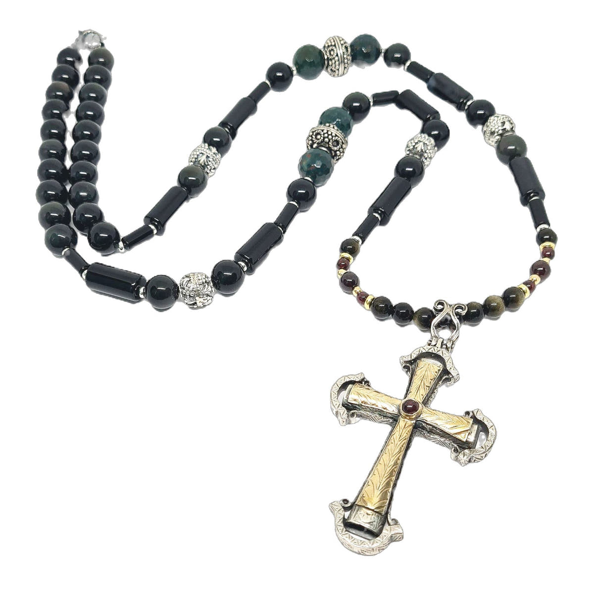 Obsidian & Onyx Long Cross Necklace, 10mm | Castello Jewels