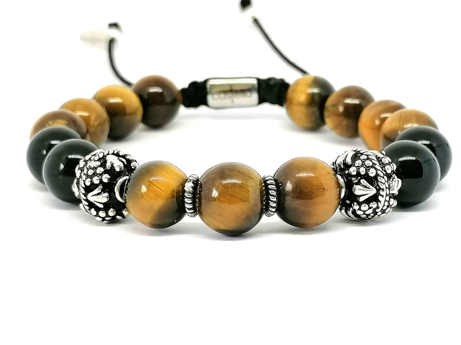 Hand Made Silver Bracelet MyKing Onyx Polish, Tiger Eye Polish stone 10mm | Castello Jewels