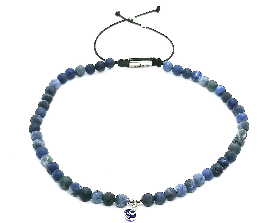 Sodalite Beaded Anklet, Silver Eye Charm, 4mm | Castello Jewels