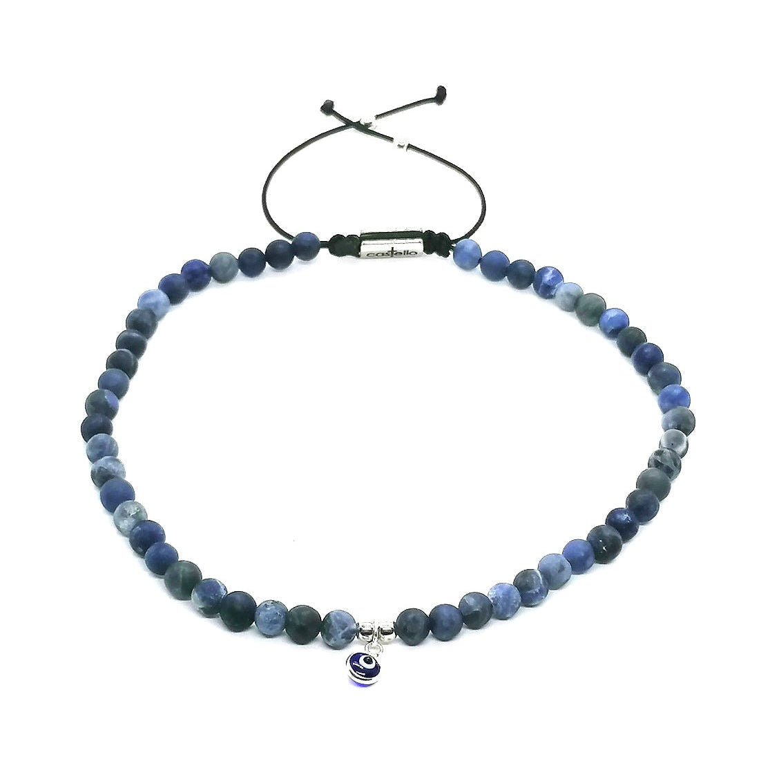 Sodalite Beaded Anklet, Silver Eye Charm, 4mm | Castello Jewels