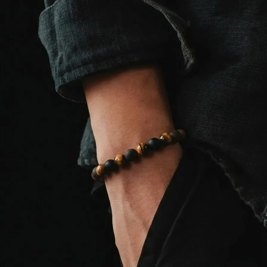 Tiger's Eye & Polished Onyx Men's Bracelet, 6mm, view 2 | Castello Jewels