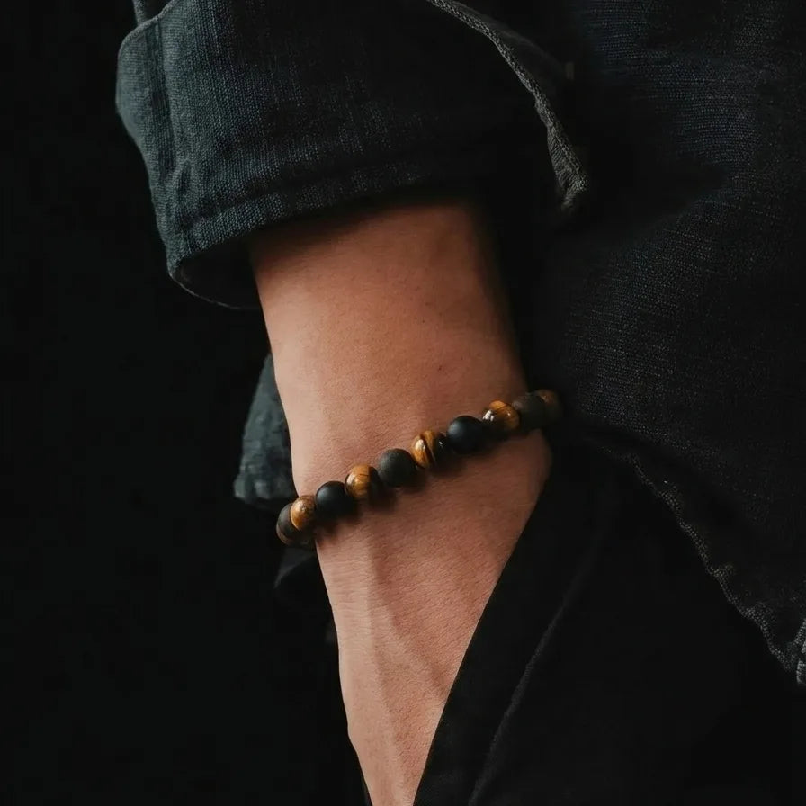 Tiger's Eye & Polished Onyx Men's Bracelet, 6mm, view 2 | Castello Jewels